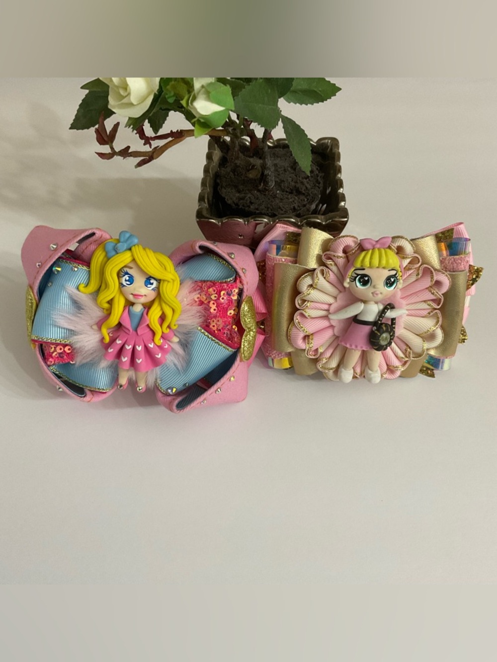 Handmade Girls Bows Clay Dolls Alligator Clip